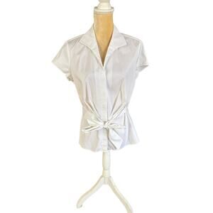 Lafayette 148 New York White Short Sleeve Button Up Shirt with Tie Size 8